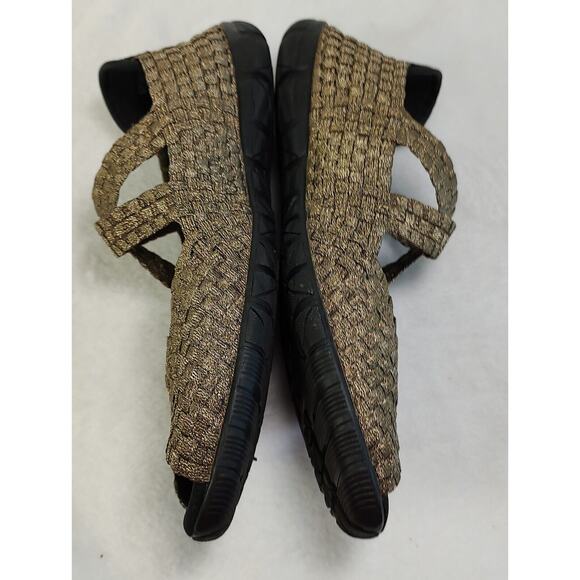 Corkys Forest 9 Gold Stretch Woven Peep Toe Cross Straps Mary Jane Sandals Flats - Picture 6 of 8